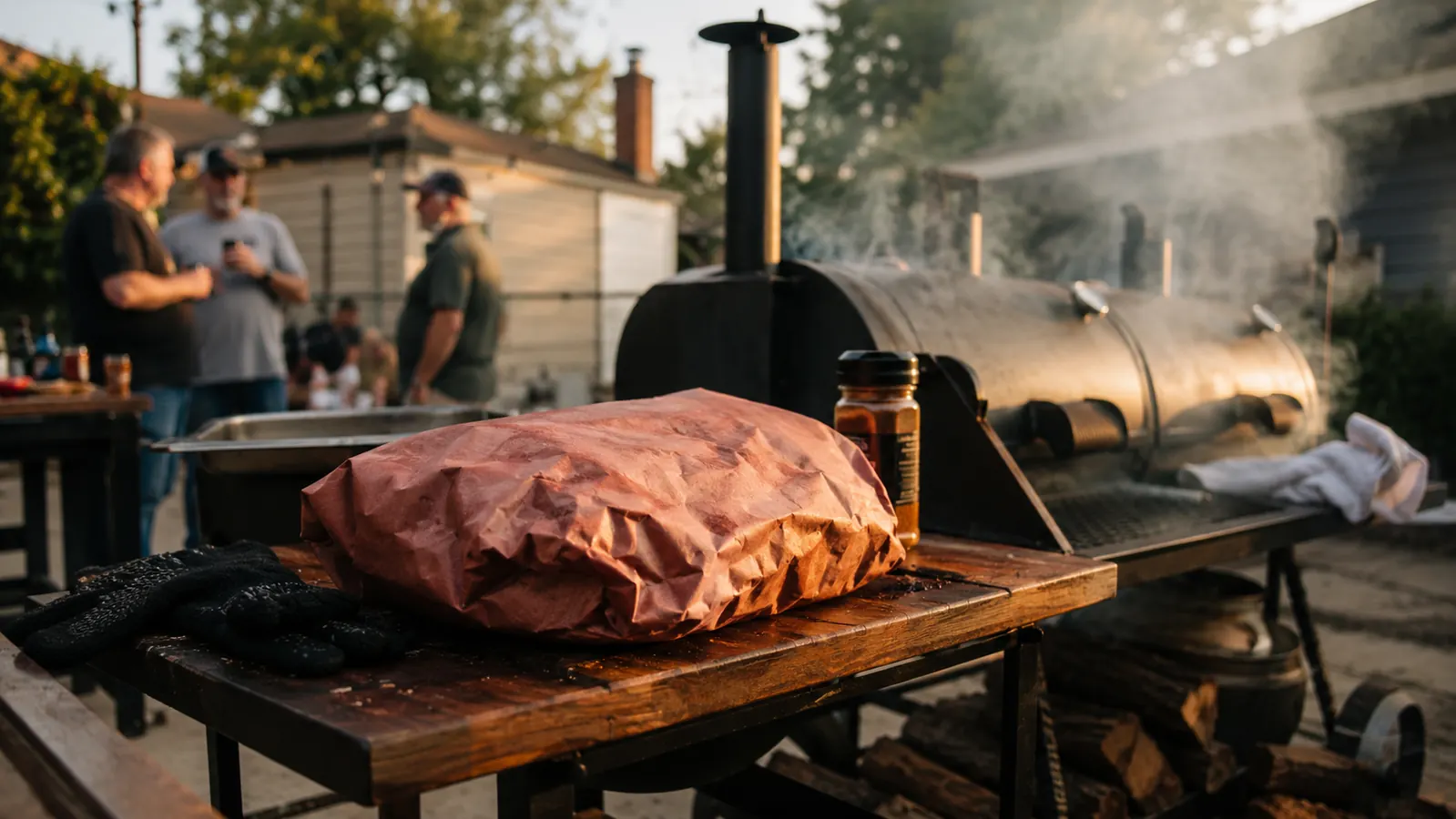 A whole brisket wrapped tight in pink butcher paper resting on a smoker's side table, wisps of smoke drifting behind it