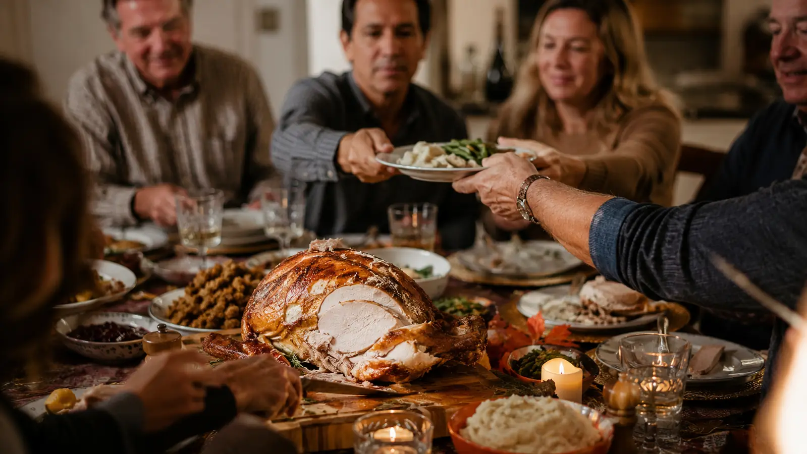 A family gathered around a dinner table with a carved turkey served straight from a bamboo carving board