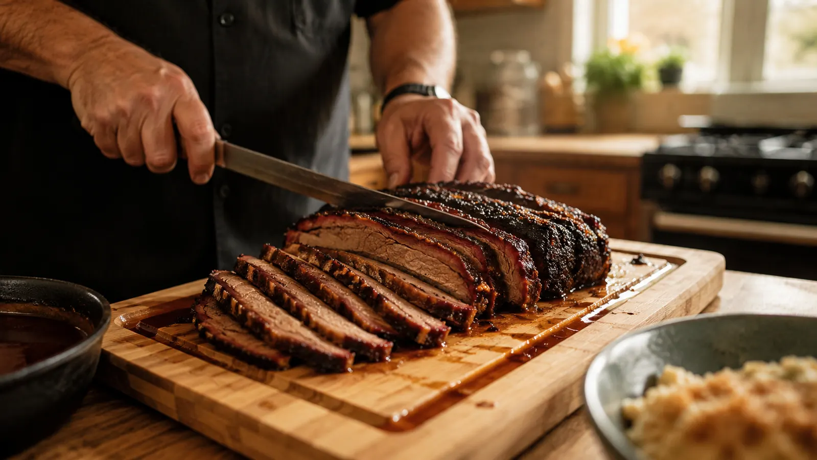 A sliced brisket resting on a bamboo carving board with visible juice pooling in the groove around the edge