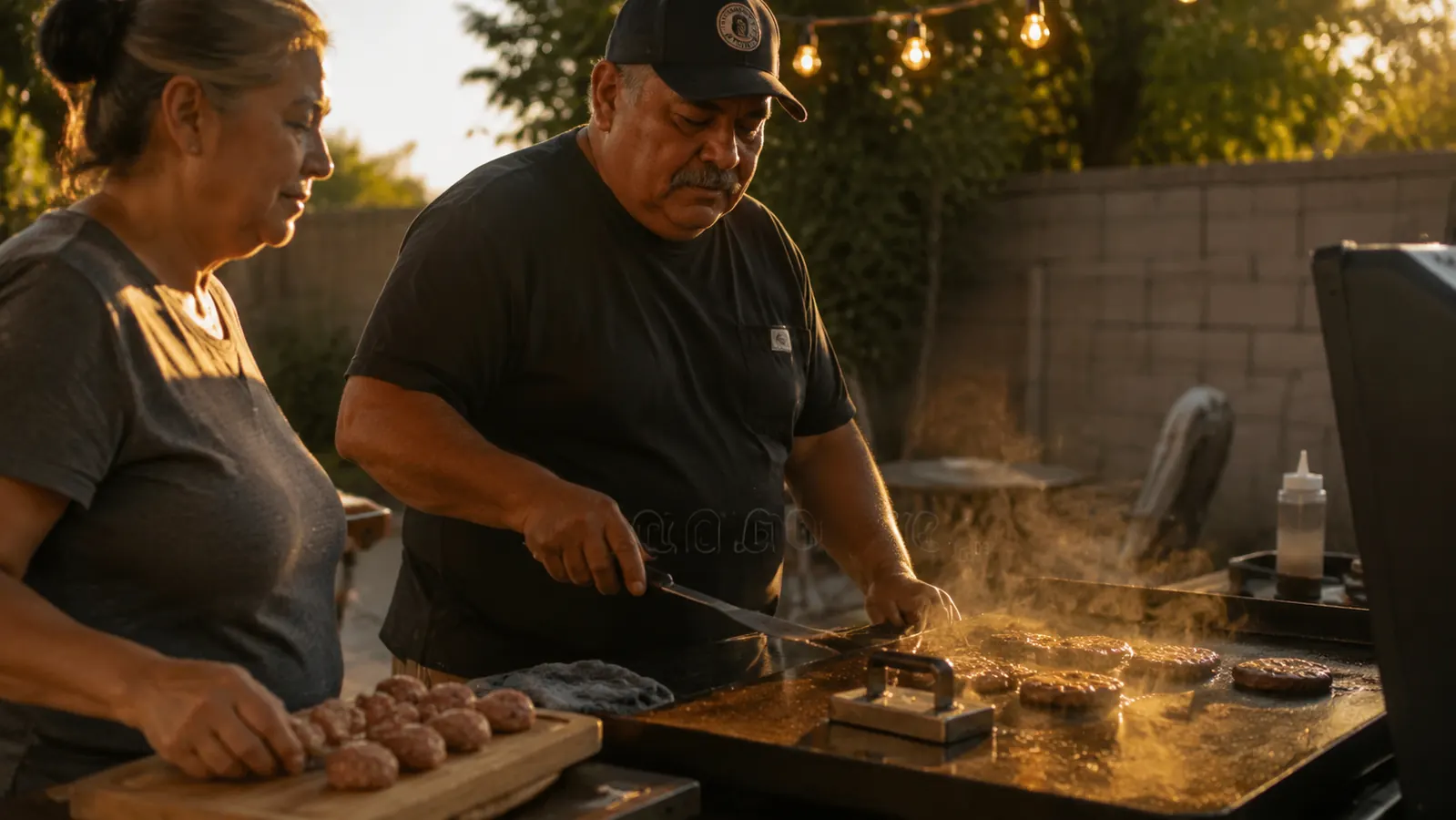 Cast iron grill press sitting on a flat top griddle next to a stack of raw beef balls, morning light on a backyard patio