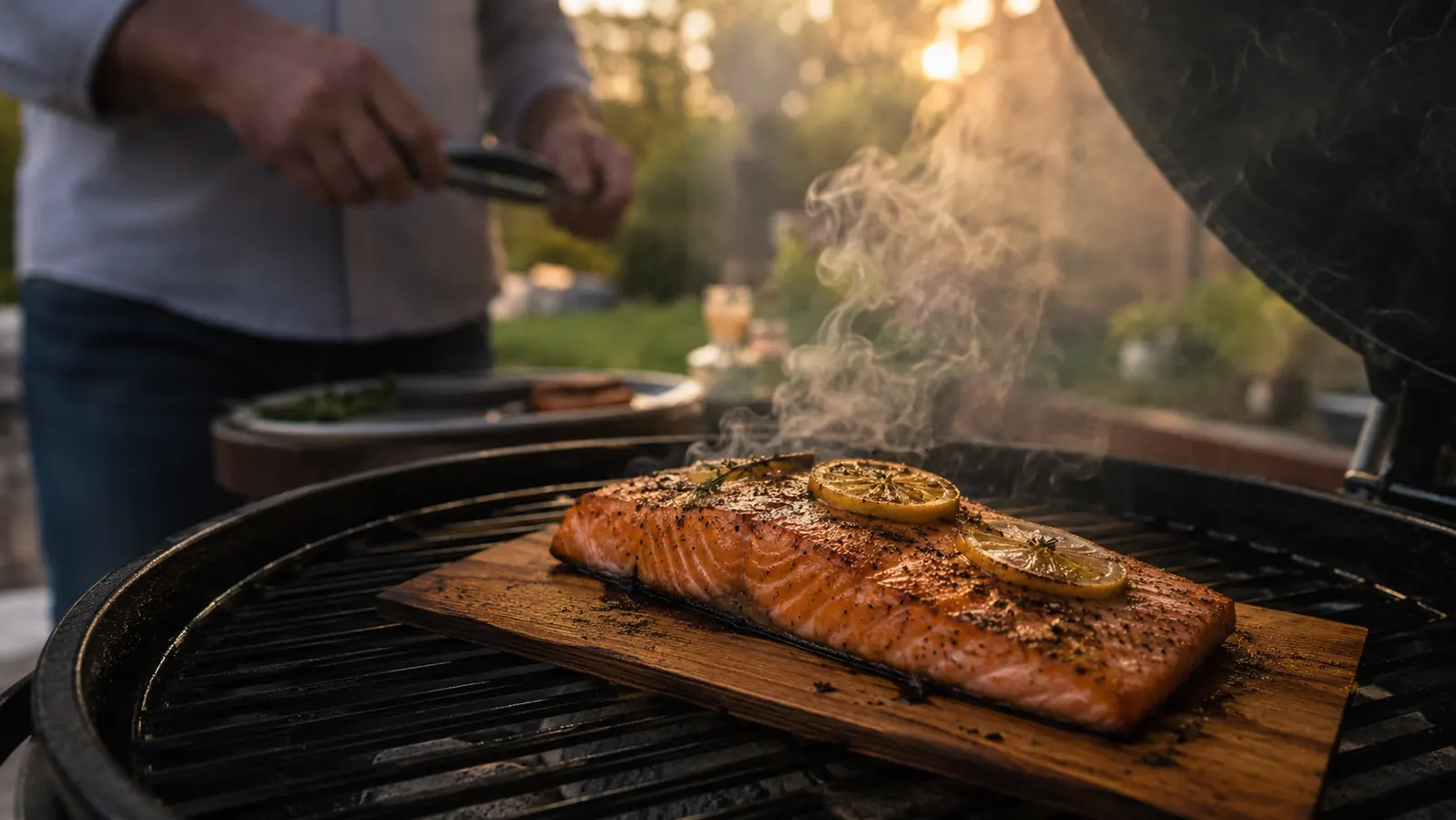 A cedar plank loaded with a glazed salmon fillet smoking on a backyard grill at golden hour