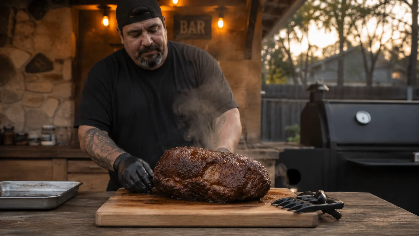 Steam rising off a freshly pulled pork butt on a cutting board next to a pair of meat shredding claws