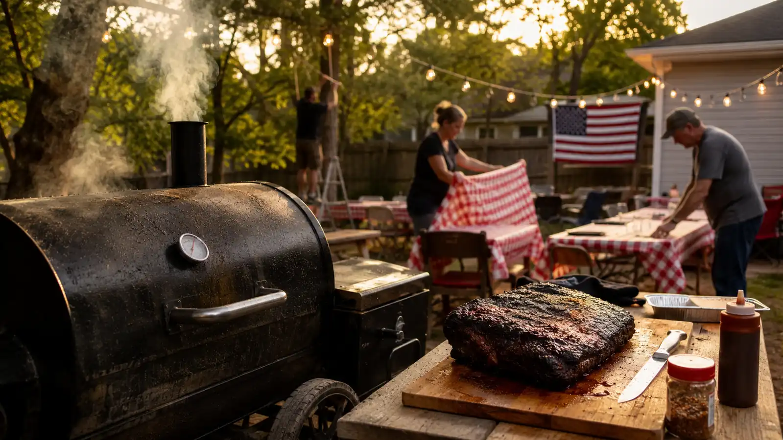 Backyard smoker at dawn with a whole brisket resting nearby, picnic tables set up for a Fourth of July family cookout