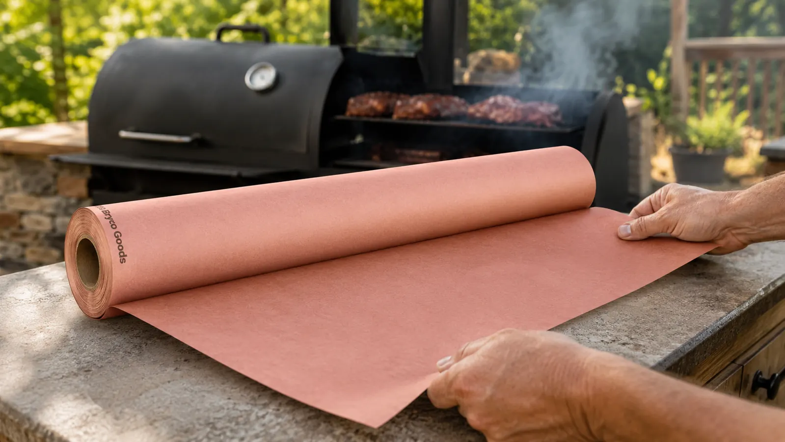 Hands tearing a sheet of pink butcher paper off the roll box