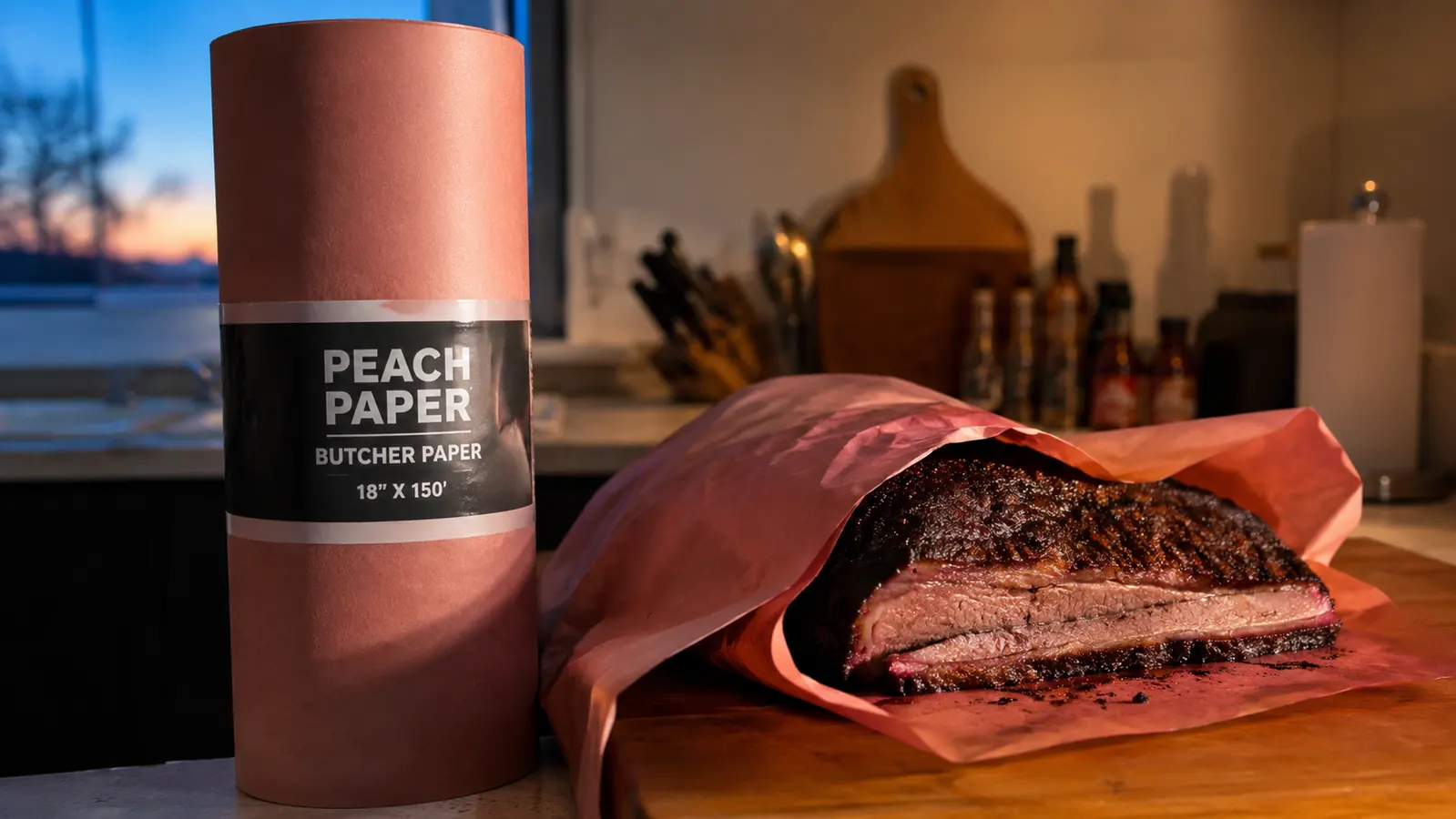 Roll of pink butcher paper standing on a wooden counter next to a half-wrapped brisket
