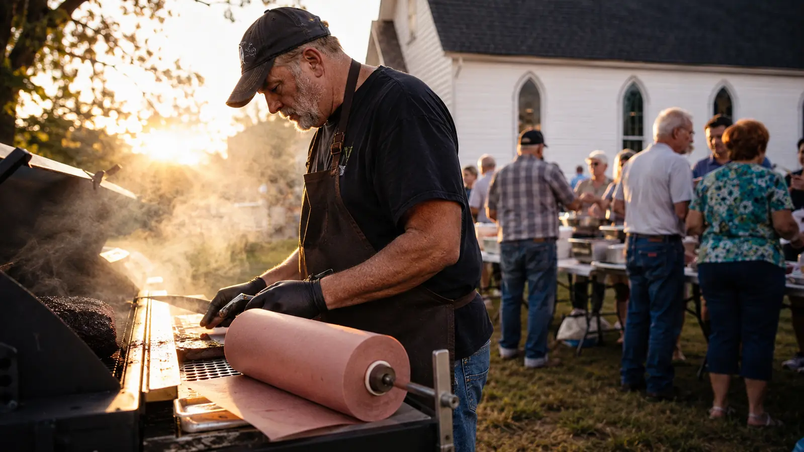 Pitmaster standing at an offset smoker in early morning light, roll of pink butcher paper resting on the side table