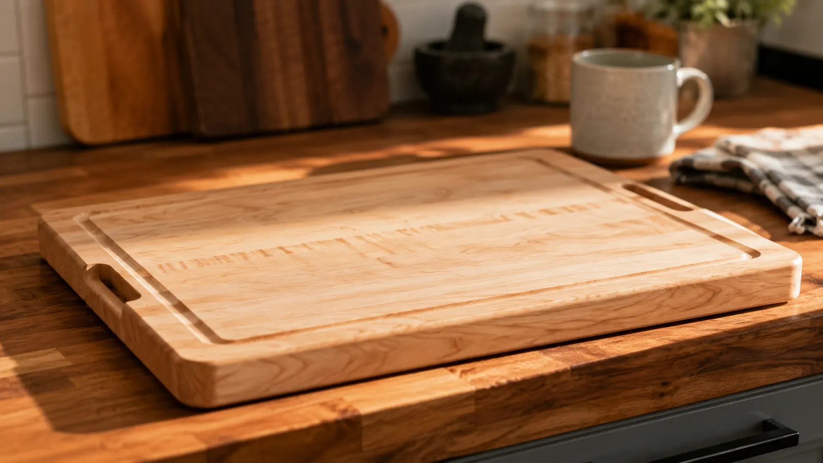 A wood carving board with juice groove sitting clean and empty on a kitchen counter