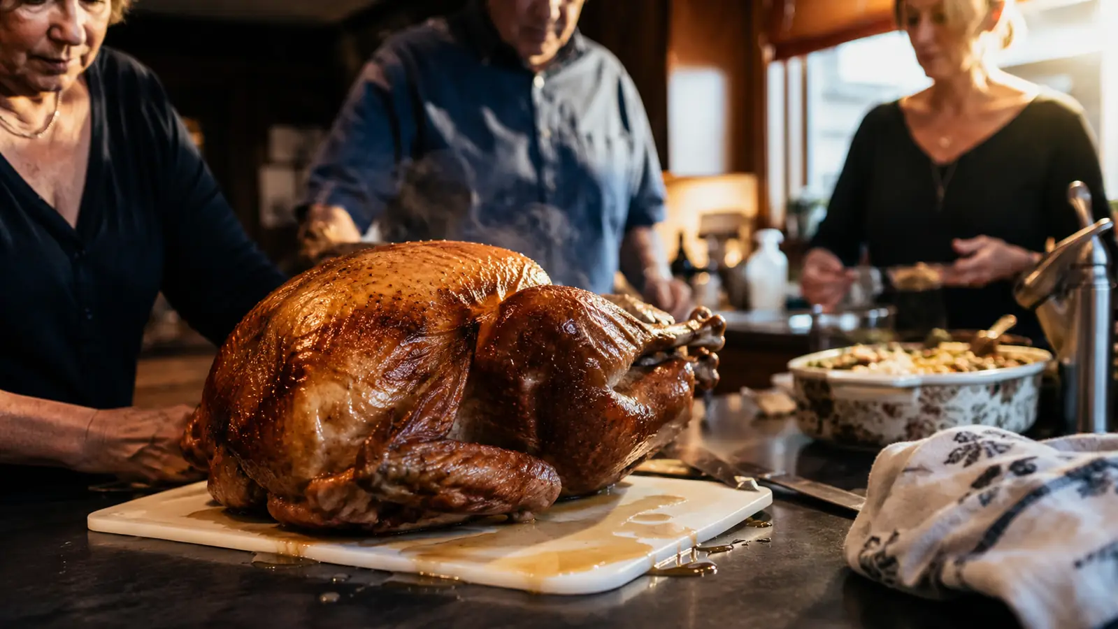 A Thanksgiving kitchen counter with turkey juice pooling around a small plastic cutting board