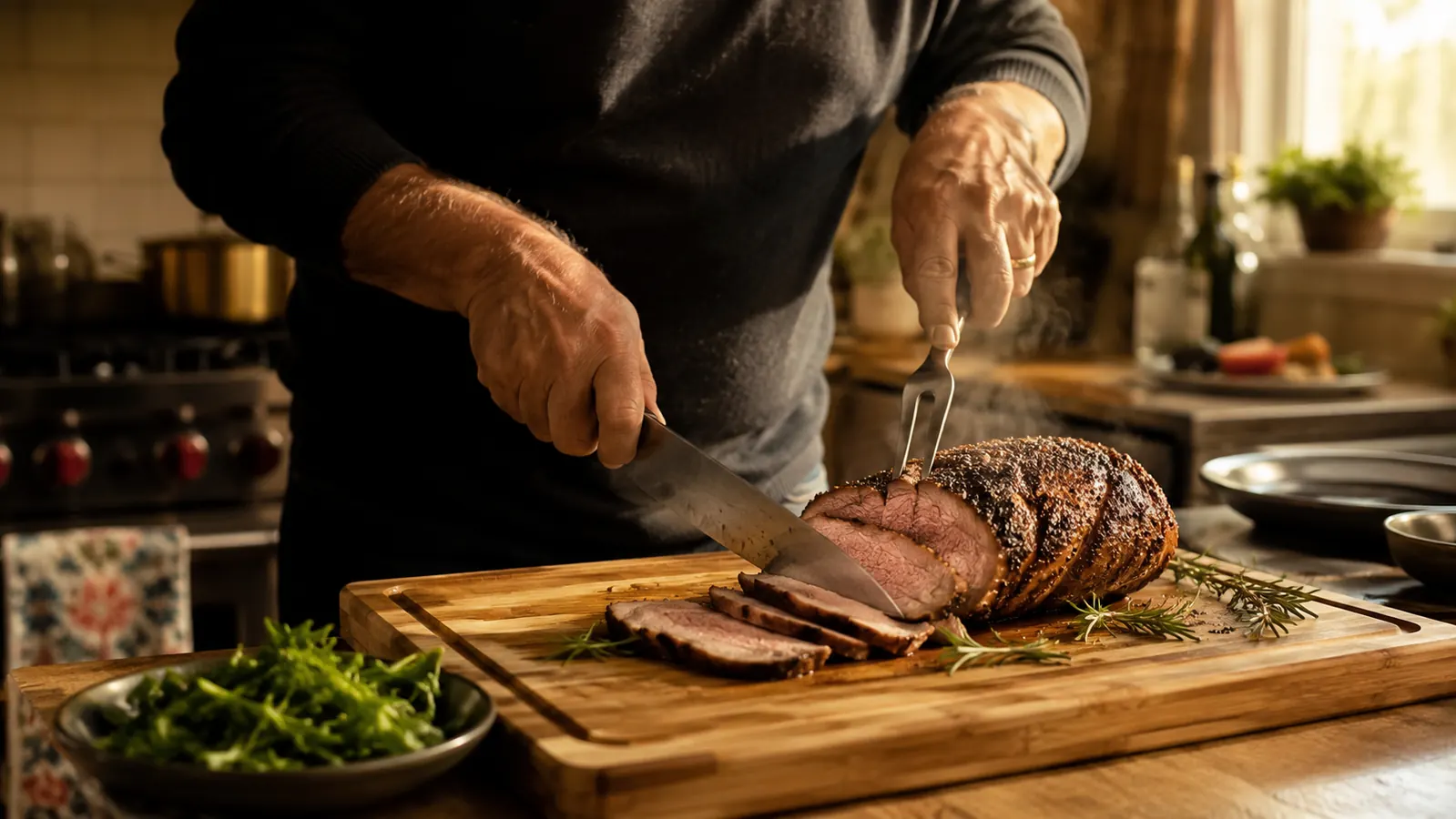 Large bamboo carving board with a deep juice groove sitting on a kitchen counter with a sliced roast