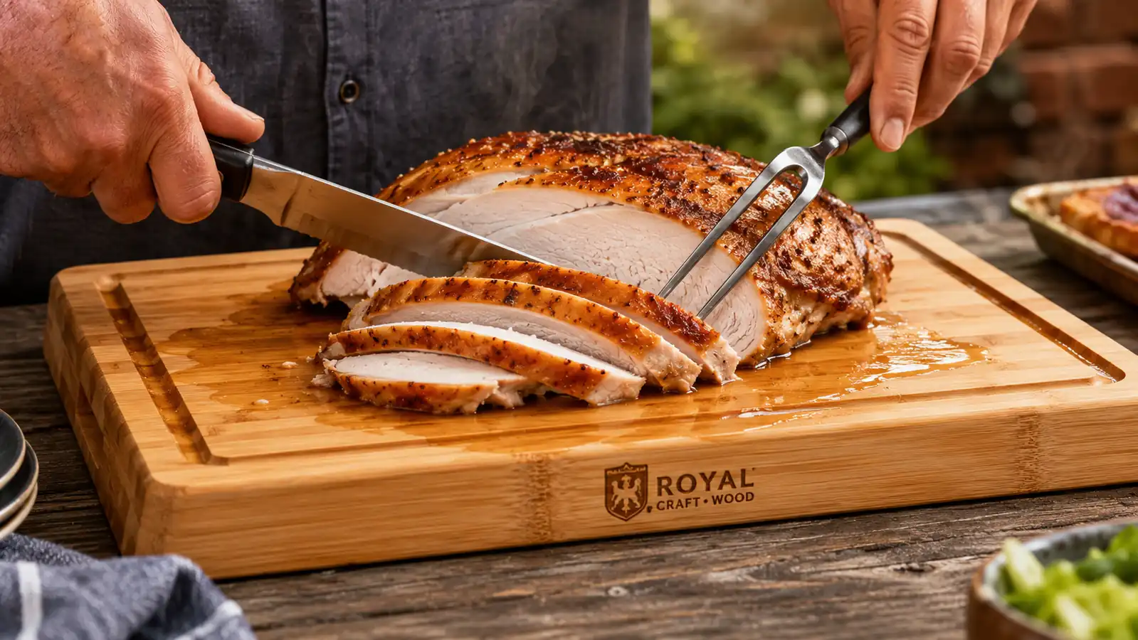 Hands using a carving fork and knife to slice a turkey on a wood board with a juice groove catching drippings