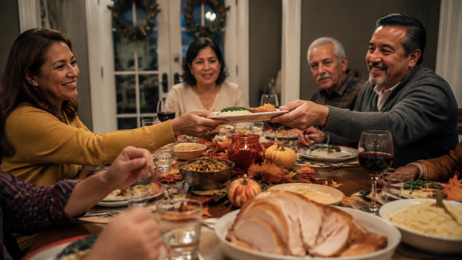 Family gathered around a dinner table passing plates of sliced turkey and side dishes at Thanksgiving