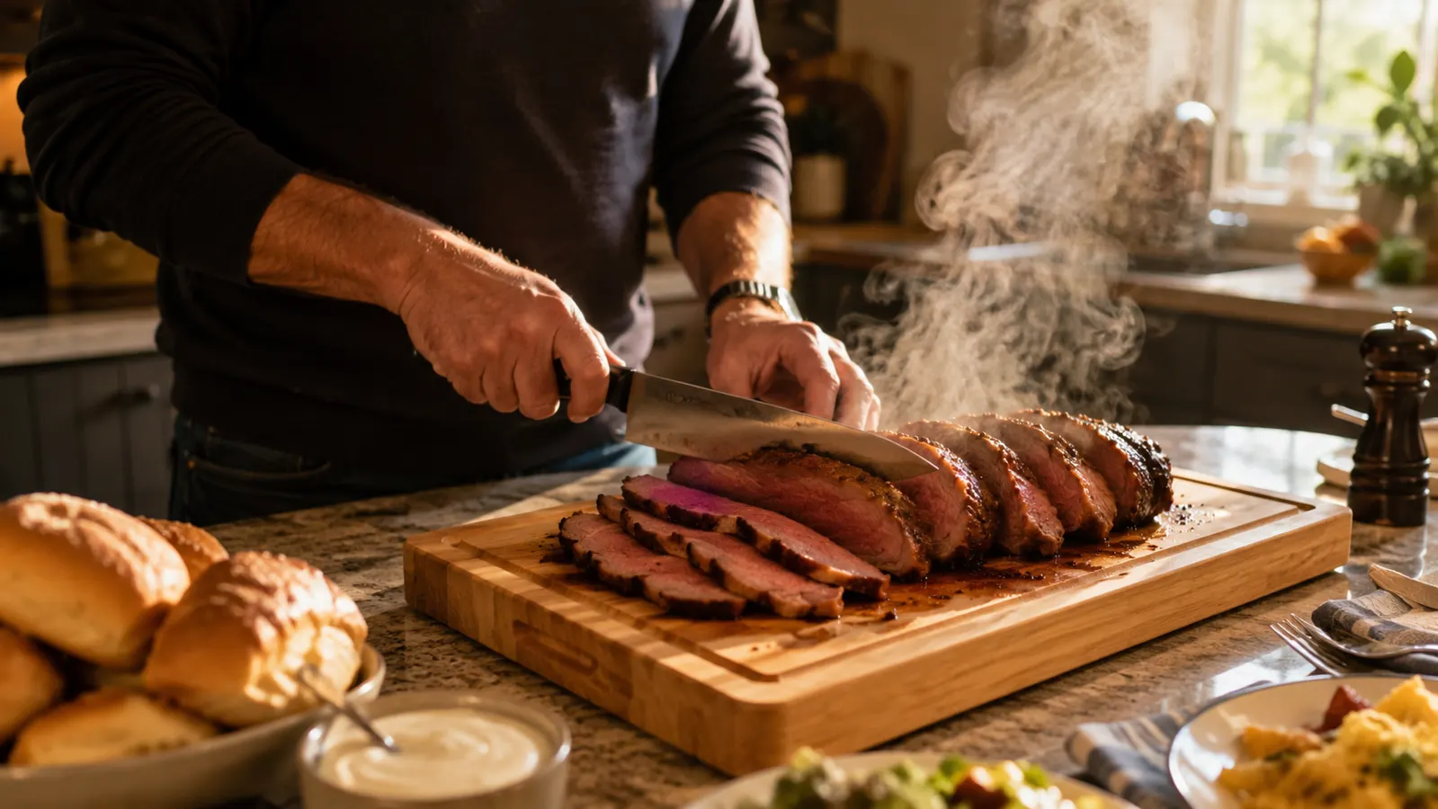 Large wooden carving board with a deep juice groove holding a sliced roast on a kitchen counter