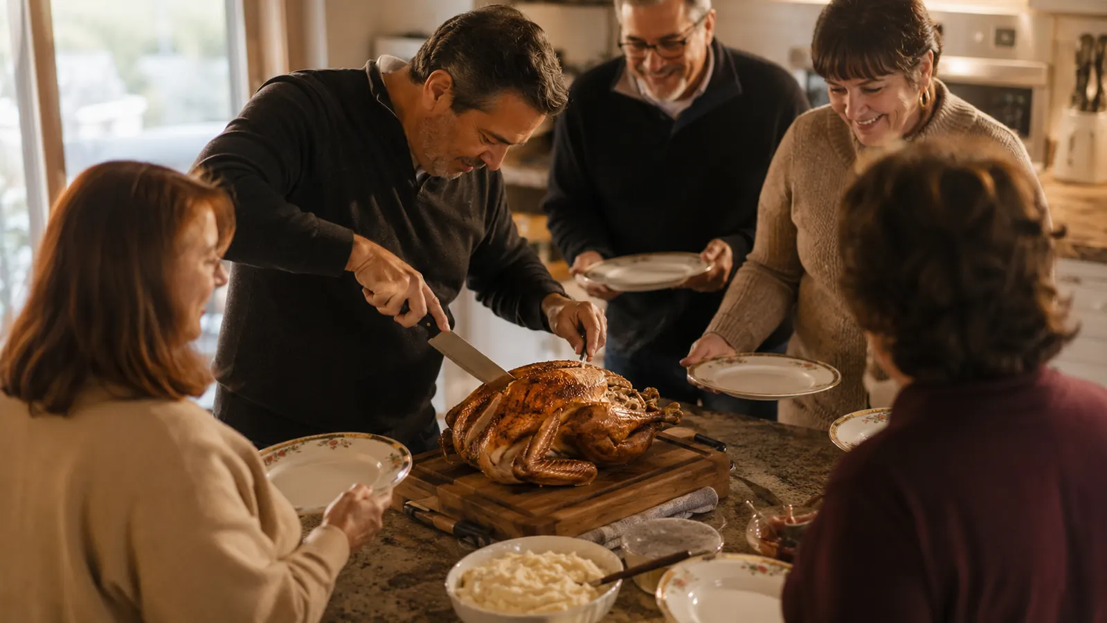 A family gathered around a kitchen island watching a man carve a turkey on a wood carving board