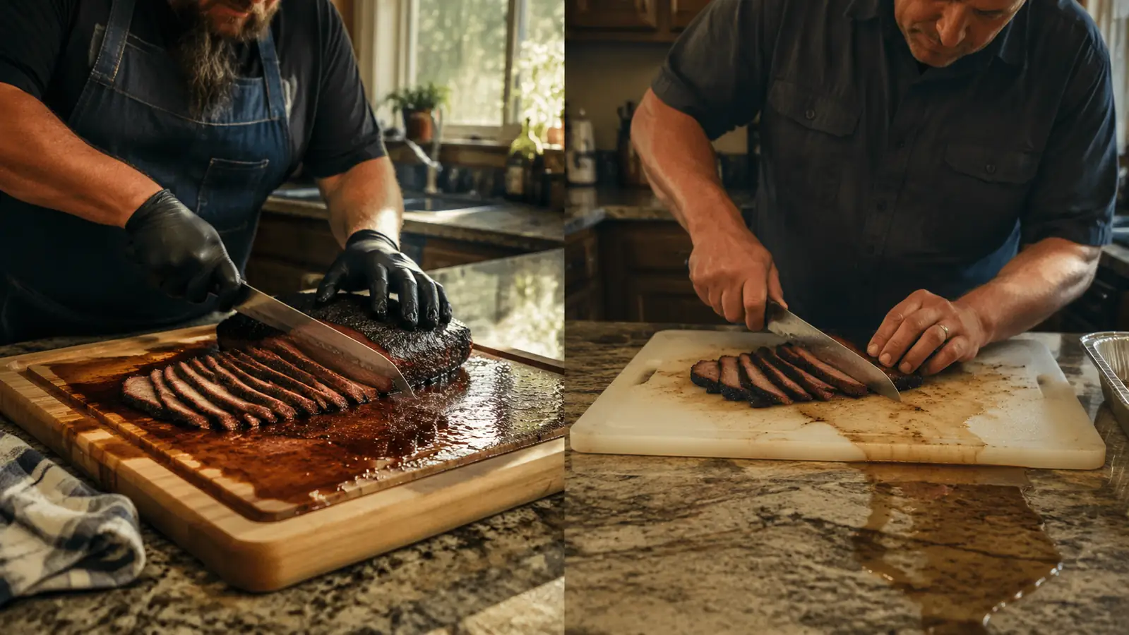 A sliced brisket resting on a wood carving board with a deep juice groove next to a plain plastic cutting board with juice spilling off the edge