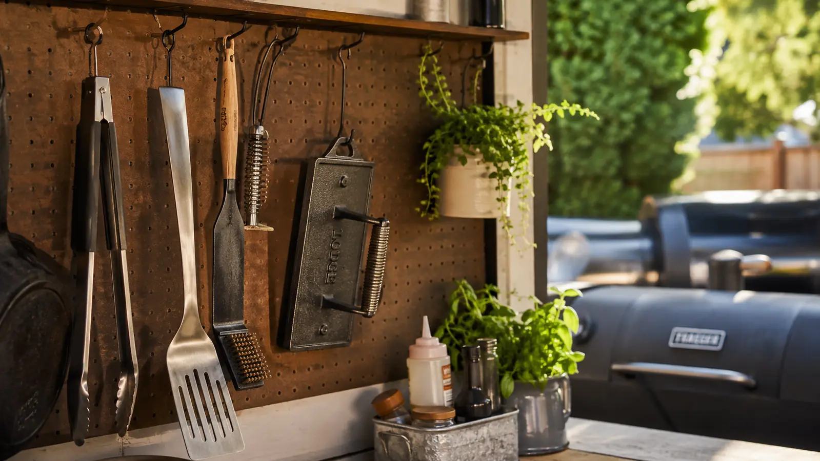 Cast iron press hanging from a pegboard hook next to a spatula and tongs in a garage kitchen setup