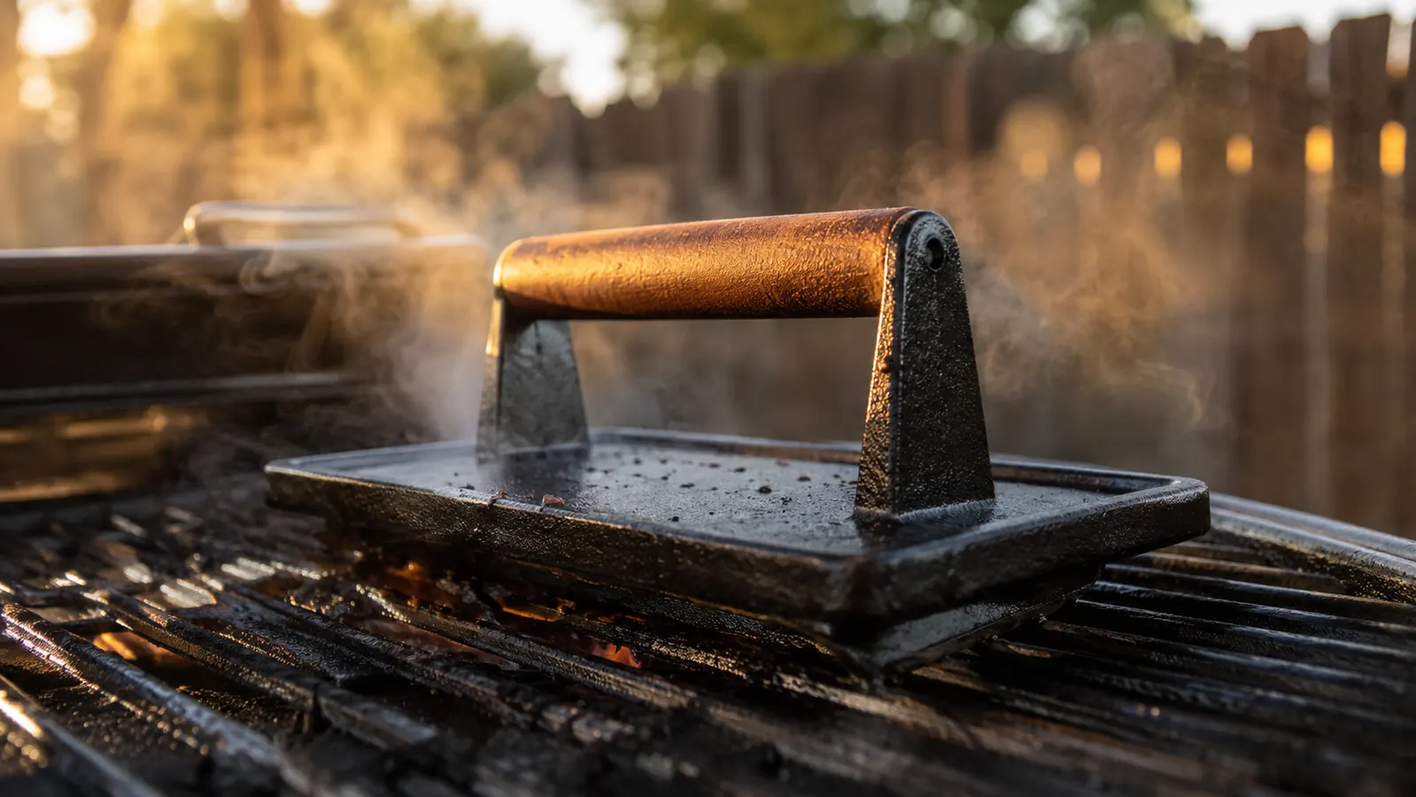 Cast iron grill press resting on a stainless steel grill grate with morning light behind it