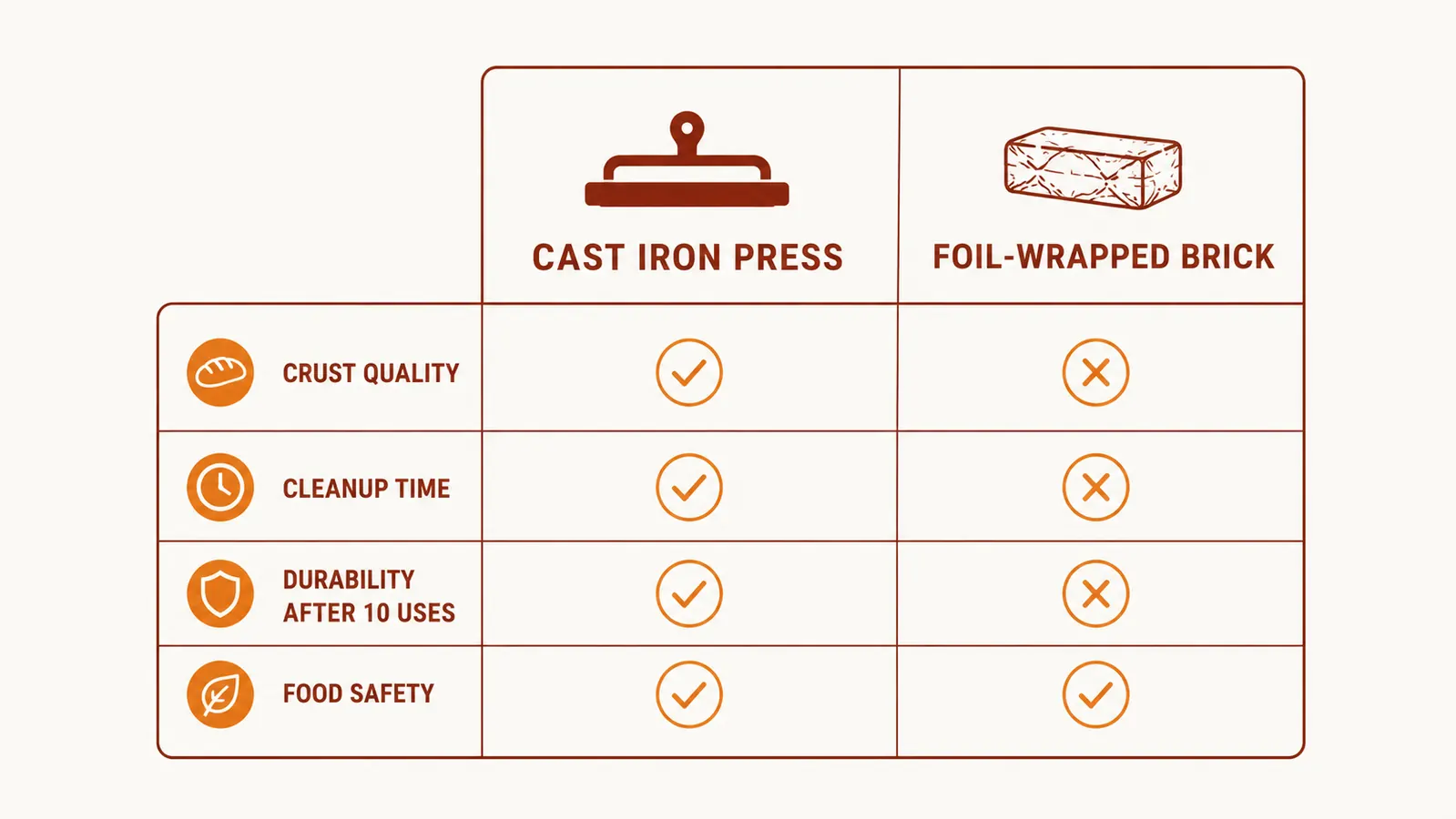 Chart comparing crust quality, cleanup time, and durability between a cast iron press and a foil-wrapped brick