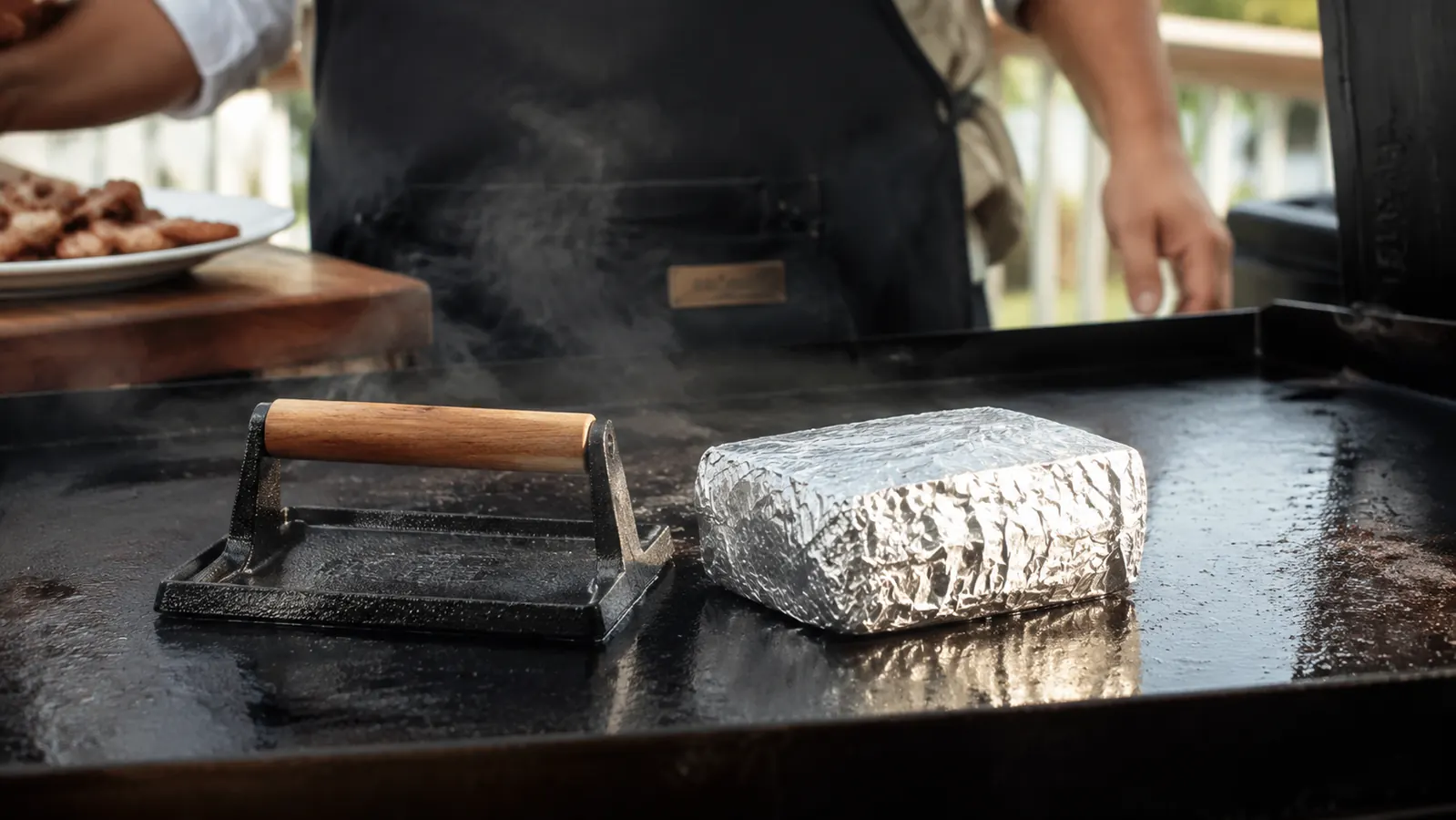 Cast iron grill press and a foil-wrapped brick sitting side by side on an outdoor griddle