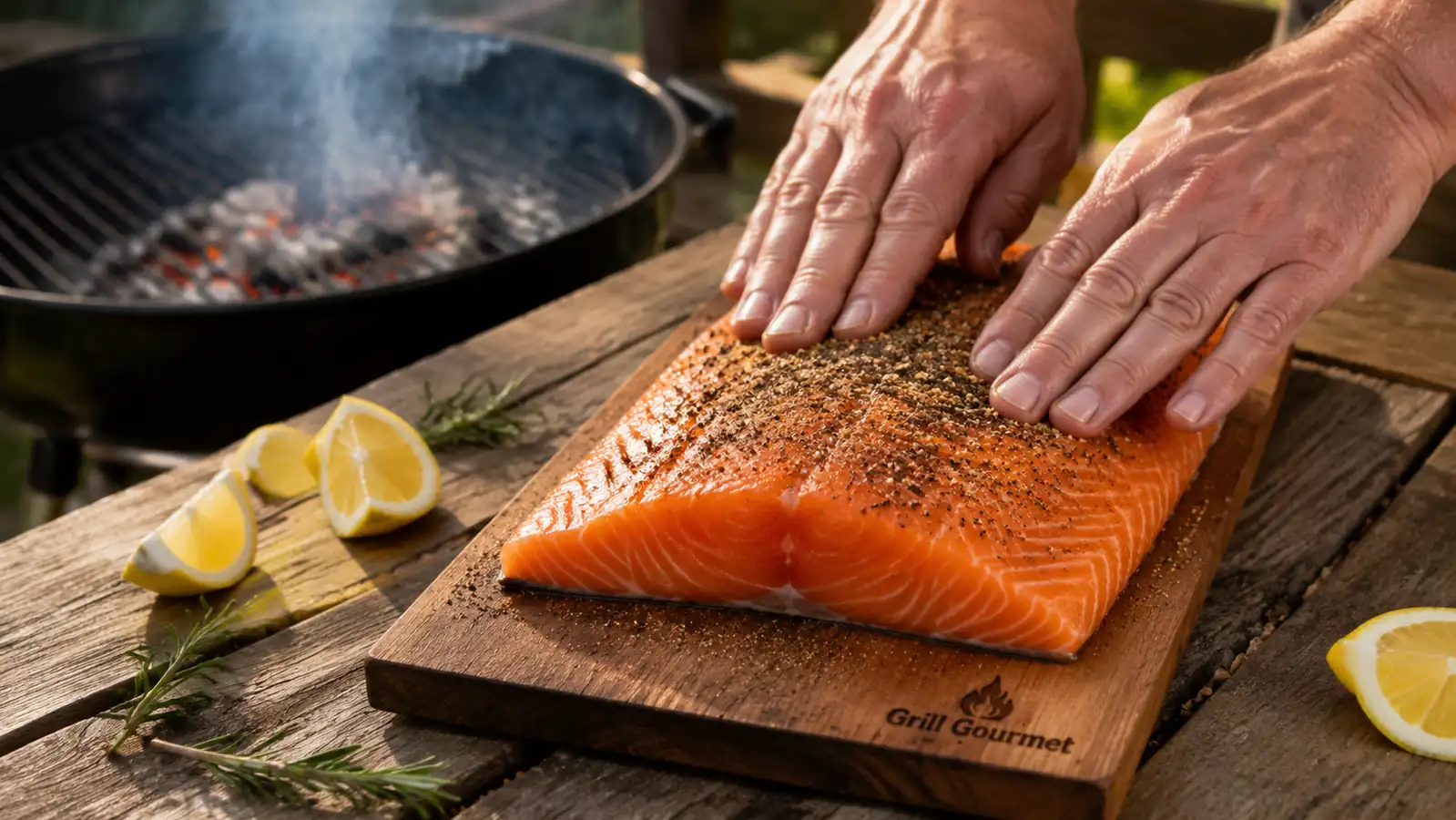Hand placing a raw salmon fillet onto a soaked cedar plank next to the grill