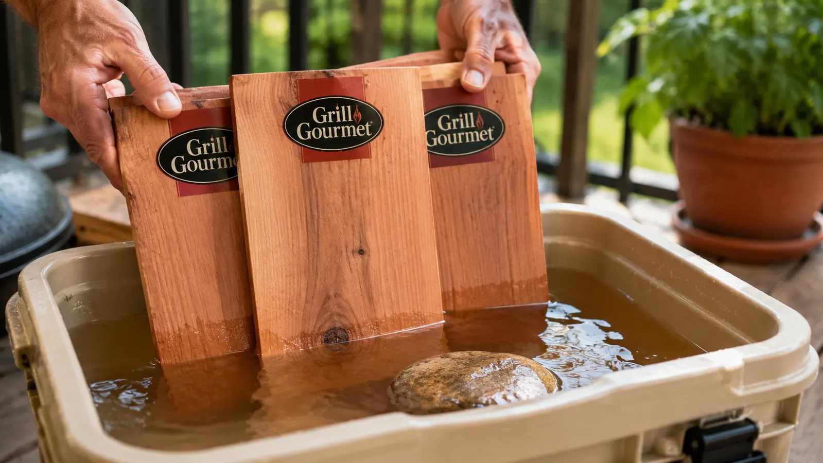 Stack of cedar grilling planks soaking in a cooler of water on the porch
