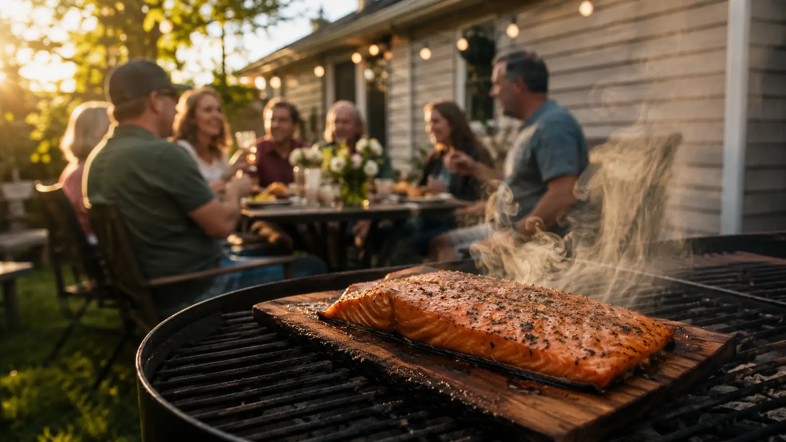 Cedar plank salmon resting on the grill grates with smoke curling off the wood at dusk
