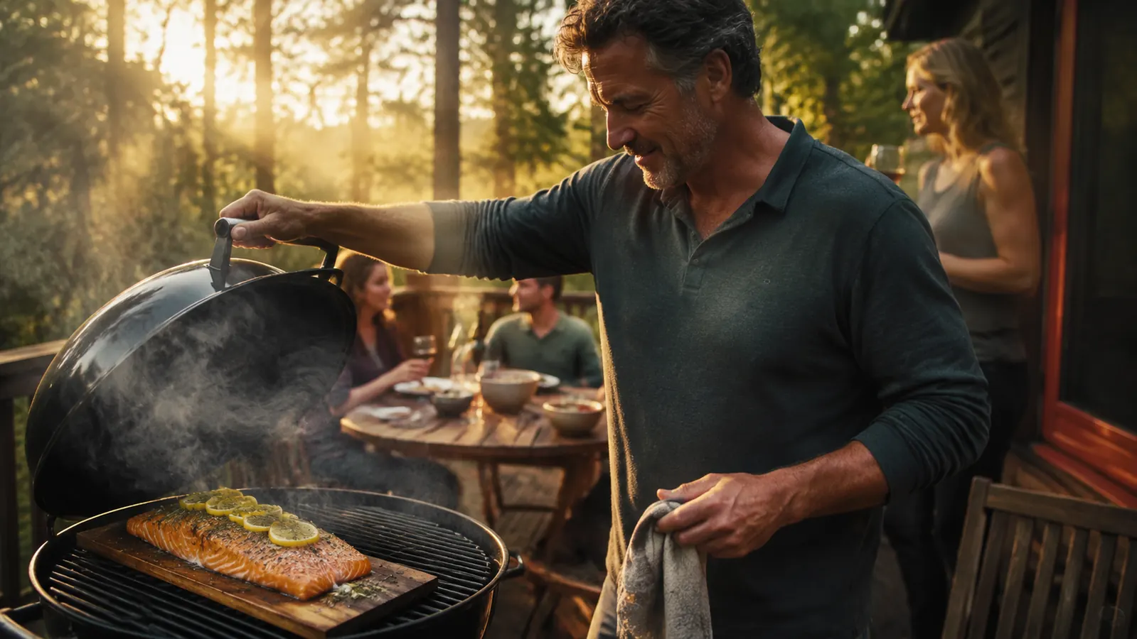 Dale standing at his backyard grill in the evening light, lifting a smoking cedar plank of salmon off the grate