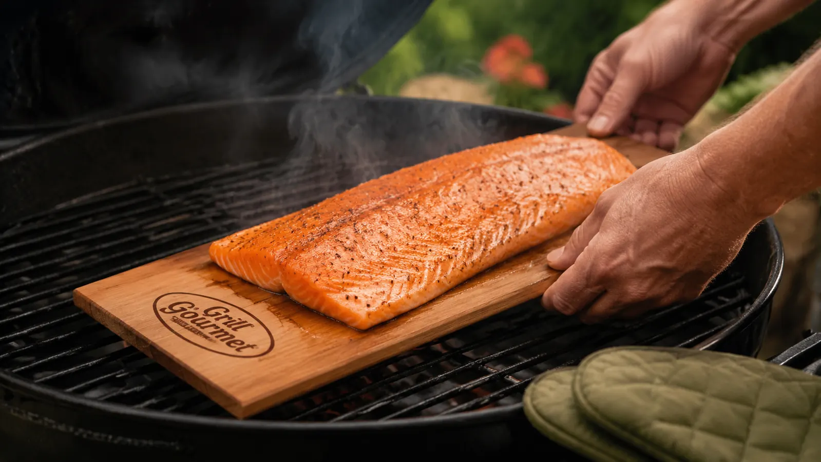 Hand placing a cedar grilling plank with raw salmon onto a hot grill grate