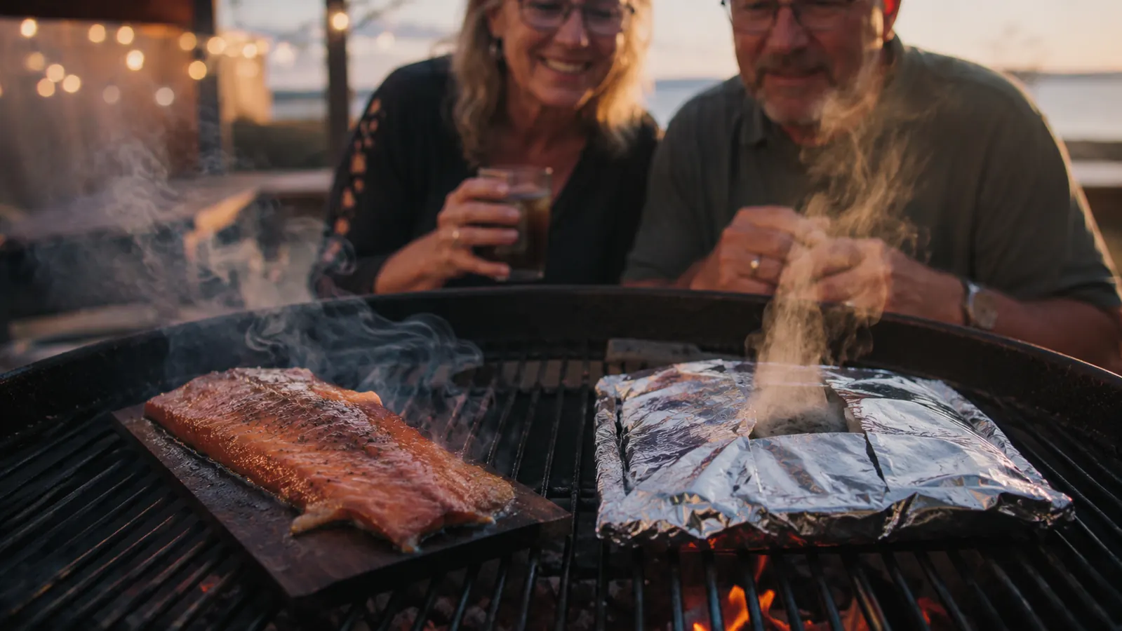 Two salmon fillets grilling side by side, one on a smoking cedar plank and one sealed in a foil packet