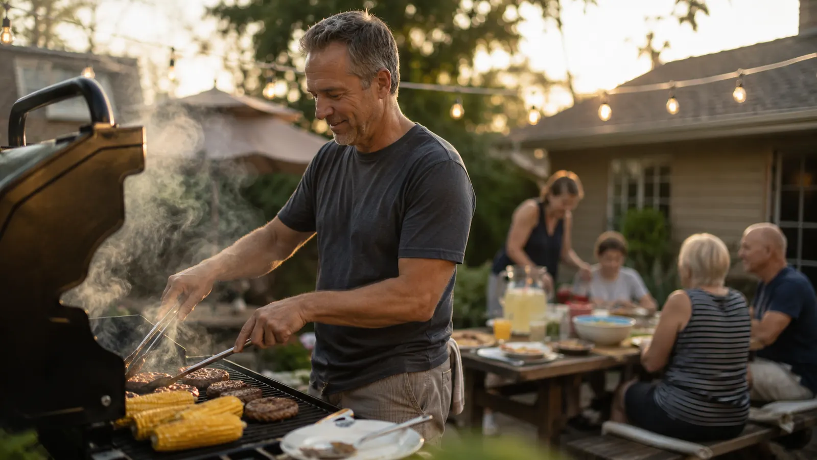 A backyard cook lifting the lid of a grill at golden hour, smoke curling over a full grate of chicken and vegetables