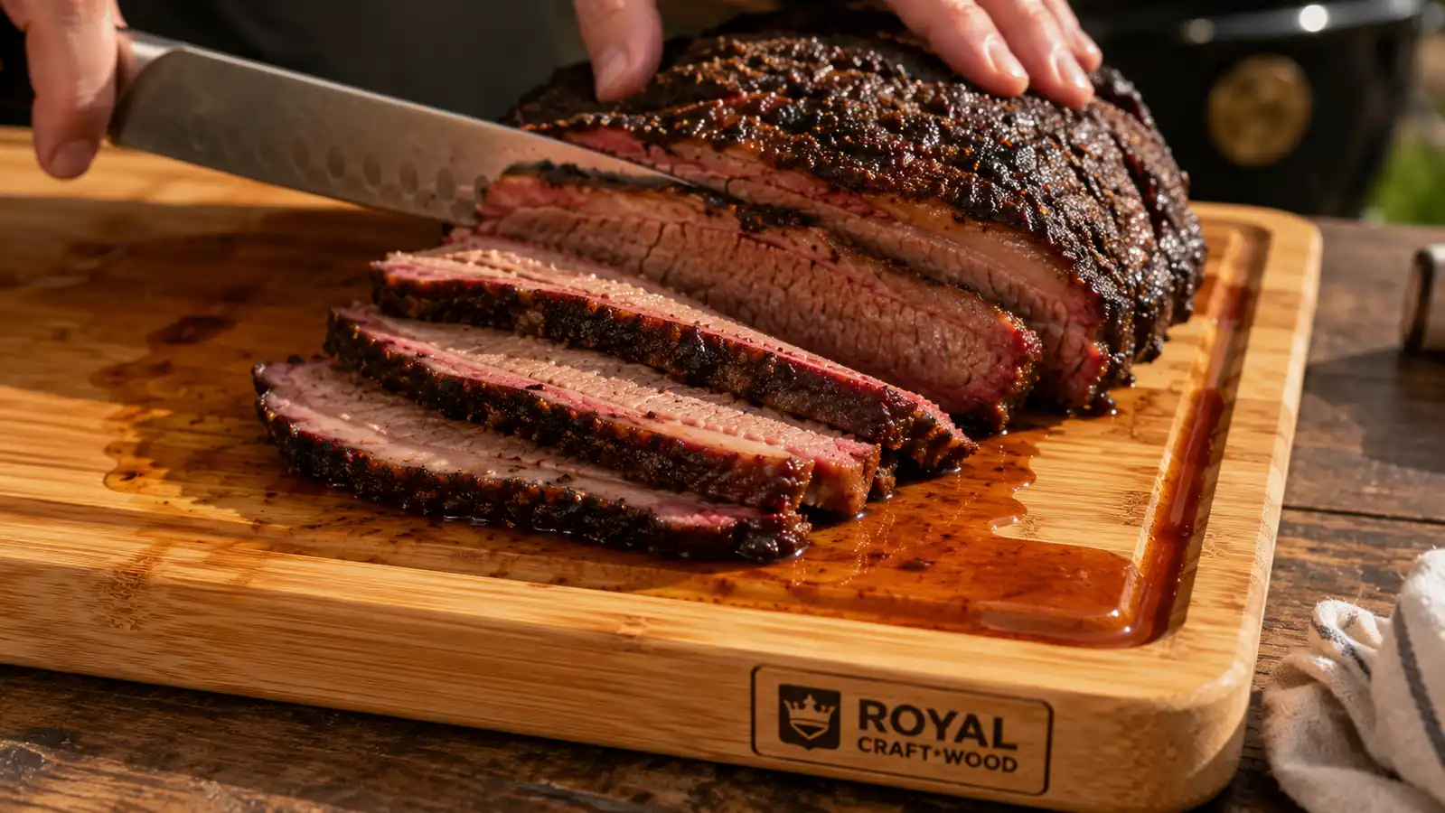 Hands slicing brisket against the grain on a bamboo cutting board with a deep juice groove catching the drippings