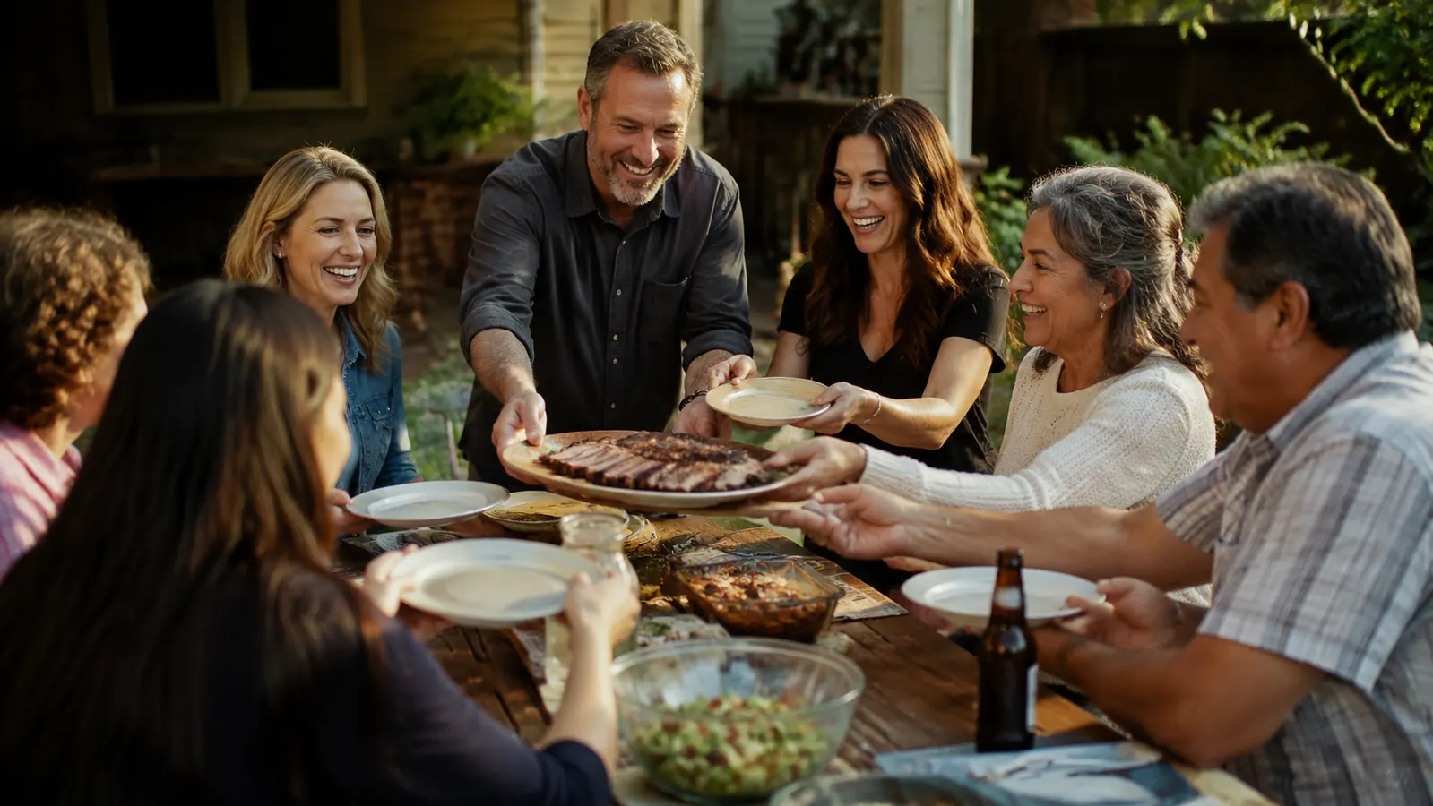 A family gathered around a table serving sliced brisket at a backyard reunion