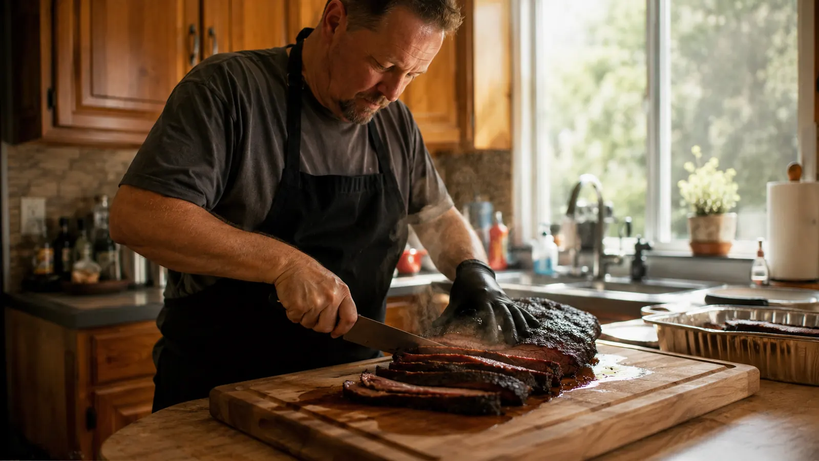 A man slicing a smoked brisket on a wooden carving board with a deep juice groove in a home kitchen