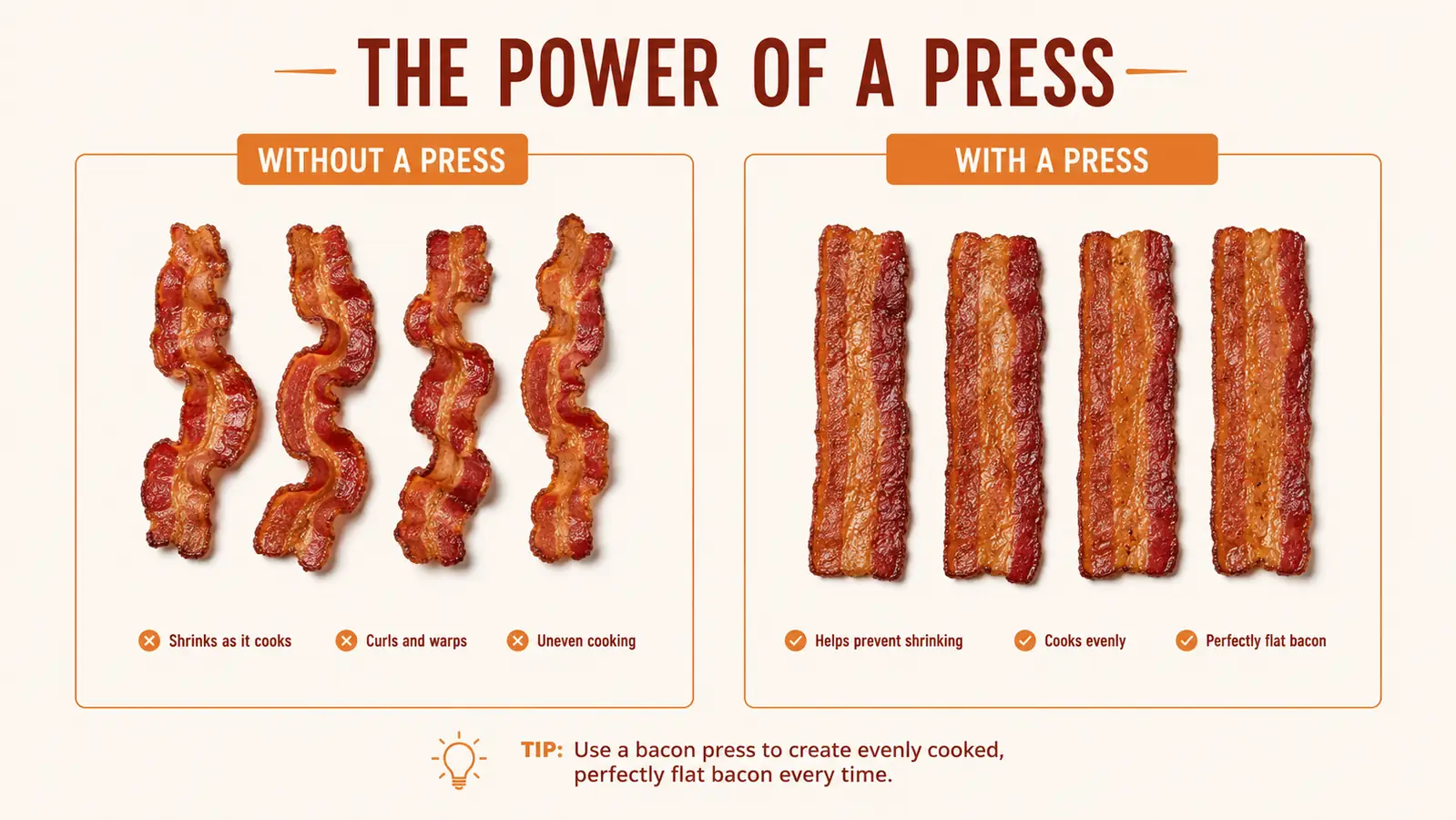 Side-by-side comparison chart showing curled bacon on the left versus flat, evenly browned bacon on the right
