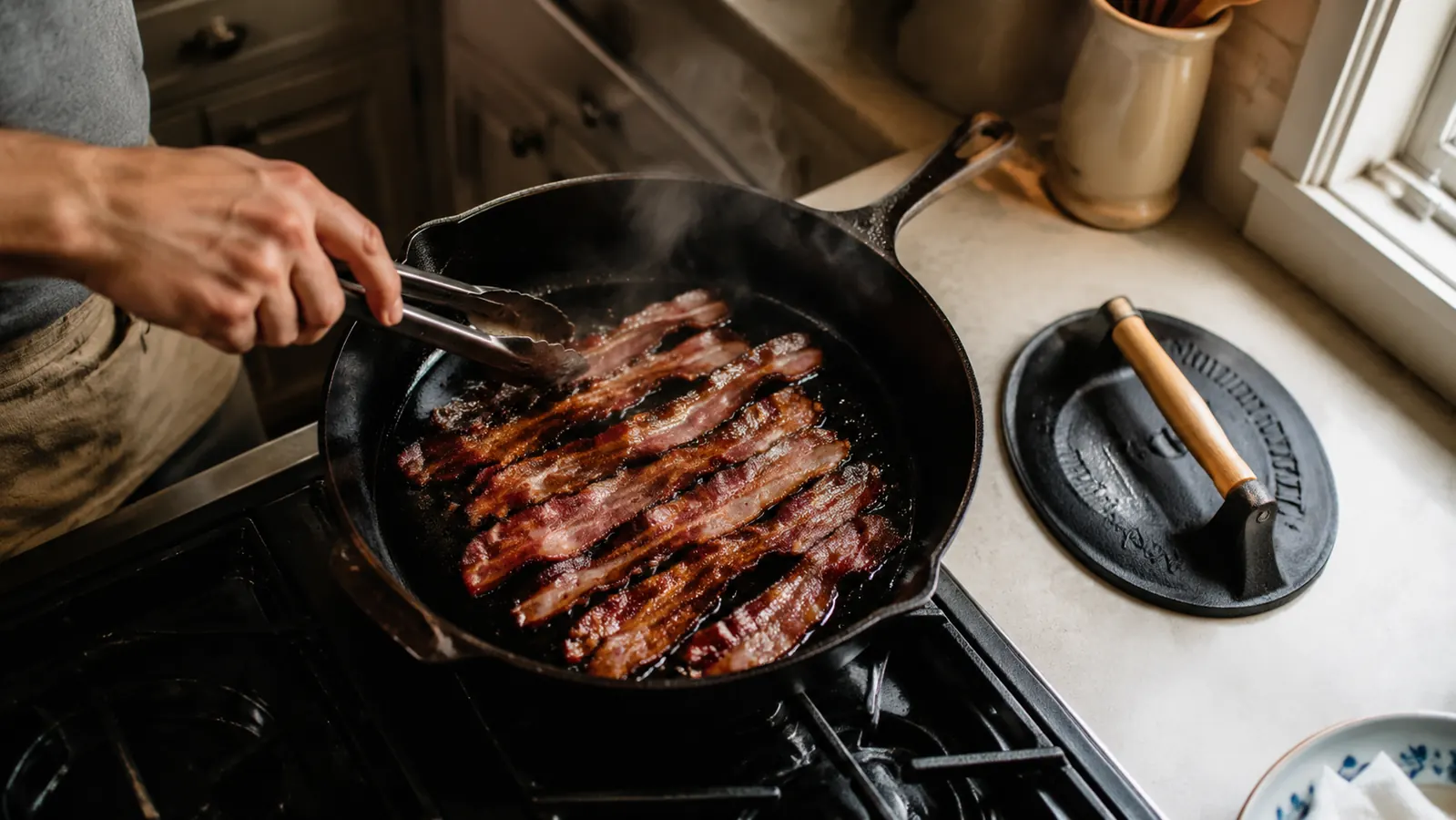 Rows of flat, crispy bacon strips sizzling in a cast iron skillet with a wooden-handled cast iron press resting beside the pan