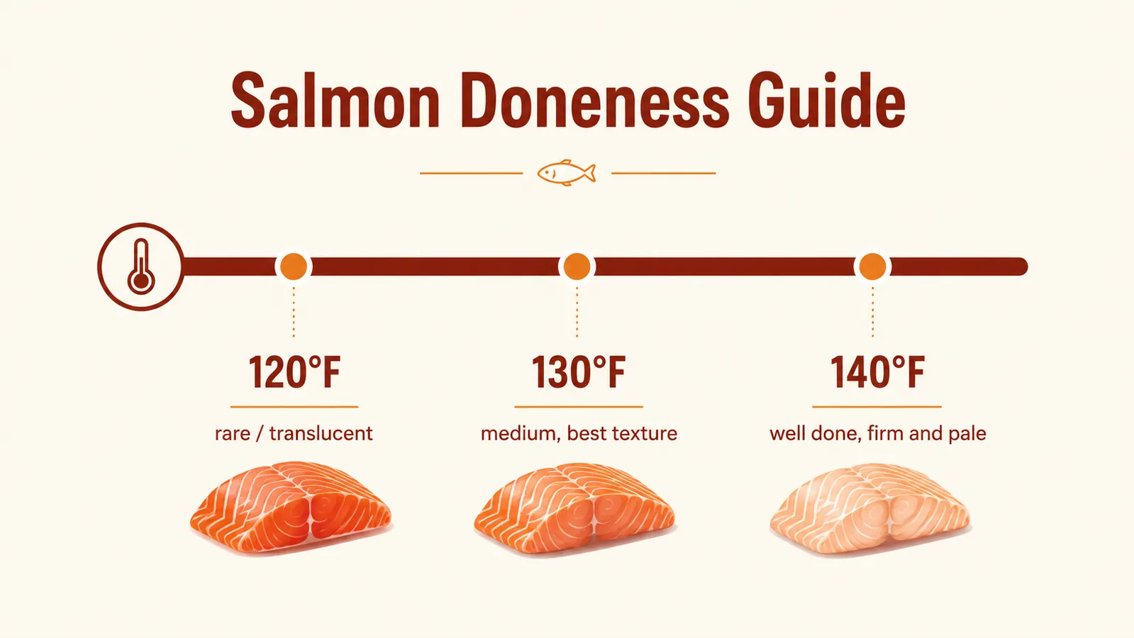 Simple infographic chart showing salmon doneness temperatures from 120 to 145 degrees Fahrenheit with visual color cues