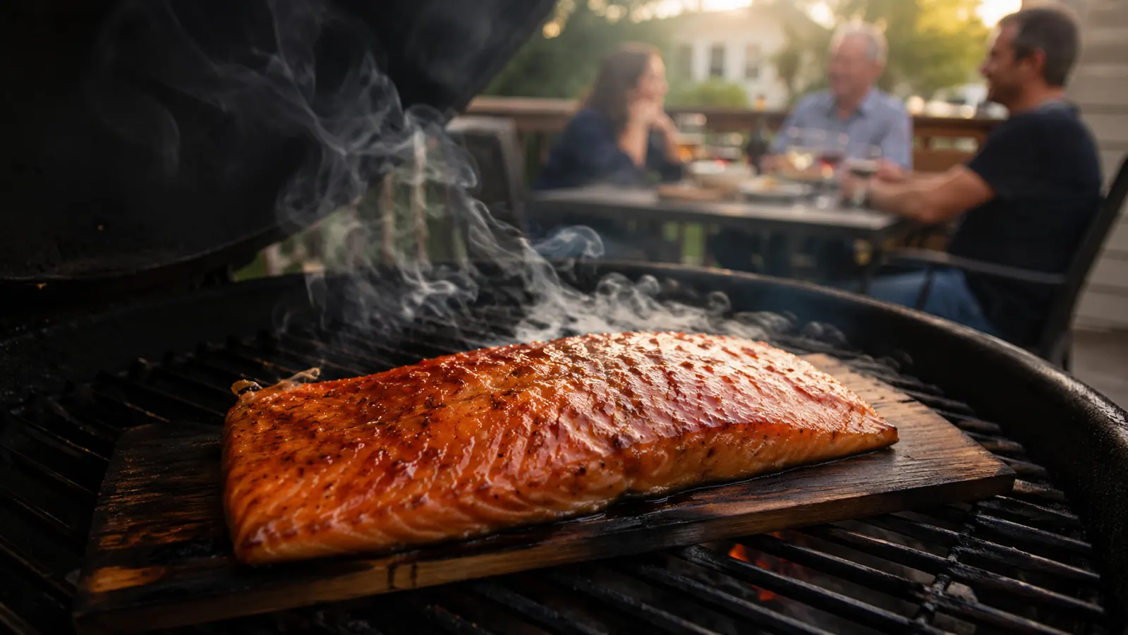 A whole salmon fillet grilling on a smoking cedar plank with the lid of the grill propped open, backyard setting
