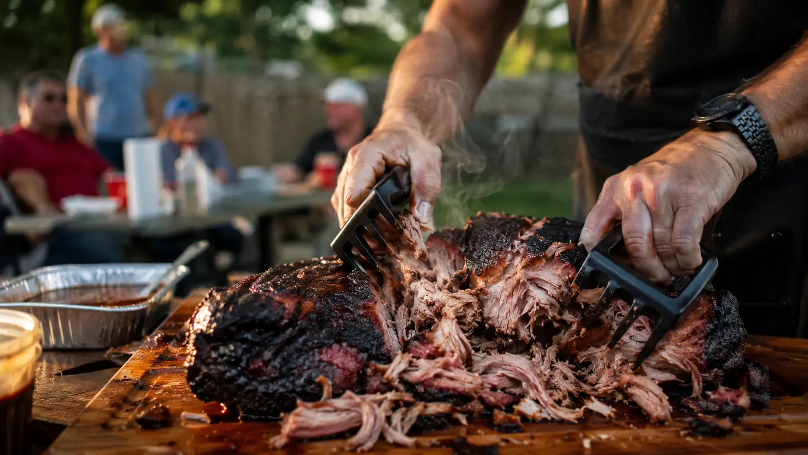 Hands using meat shredding claws to pull apart a smoked pork butt on a sheet pan outdoors