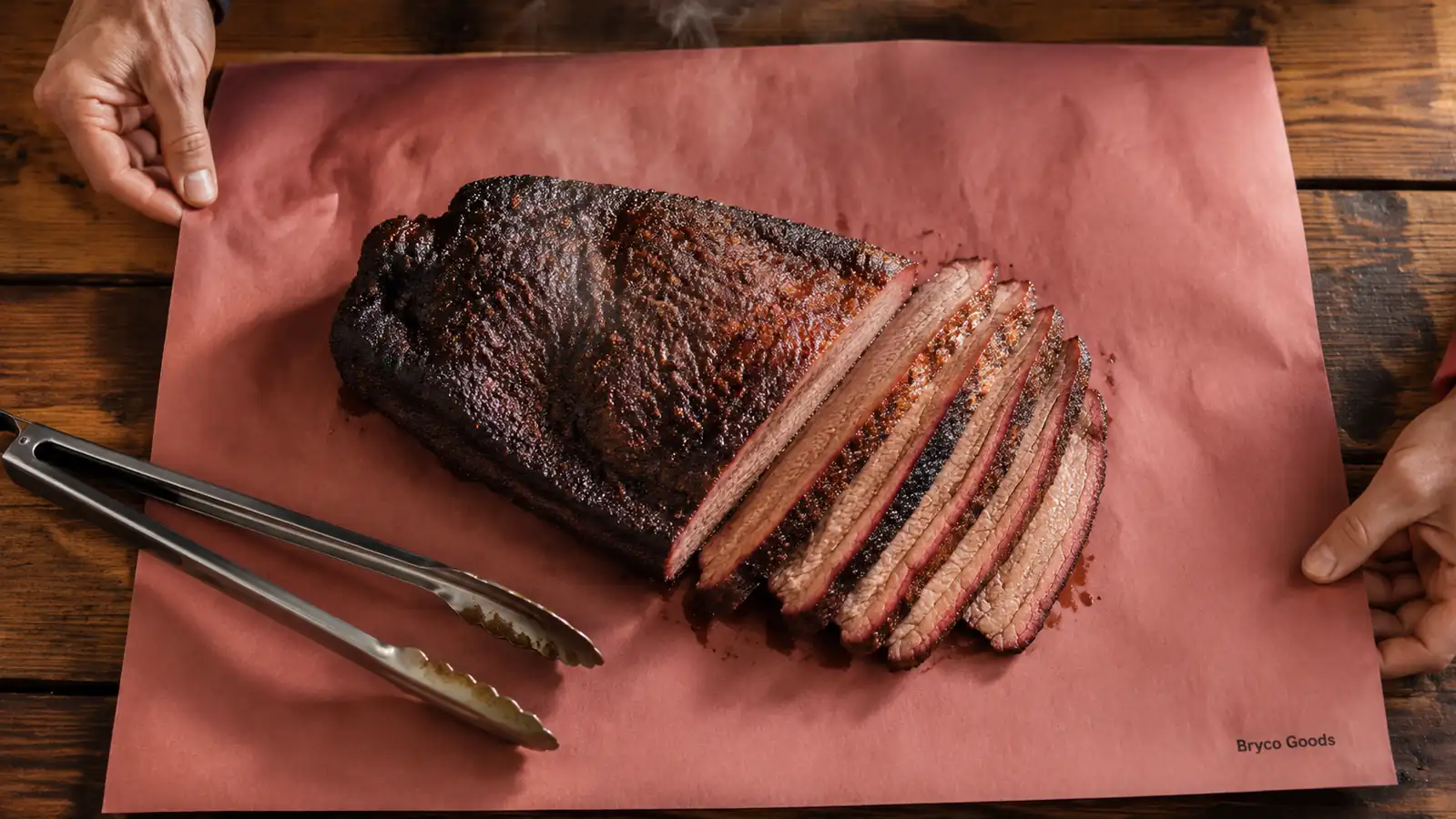 Hands folding pink butcher paper tightly over the corner of a brisket on a butcher block counter