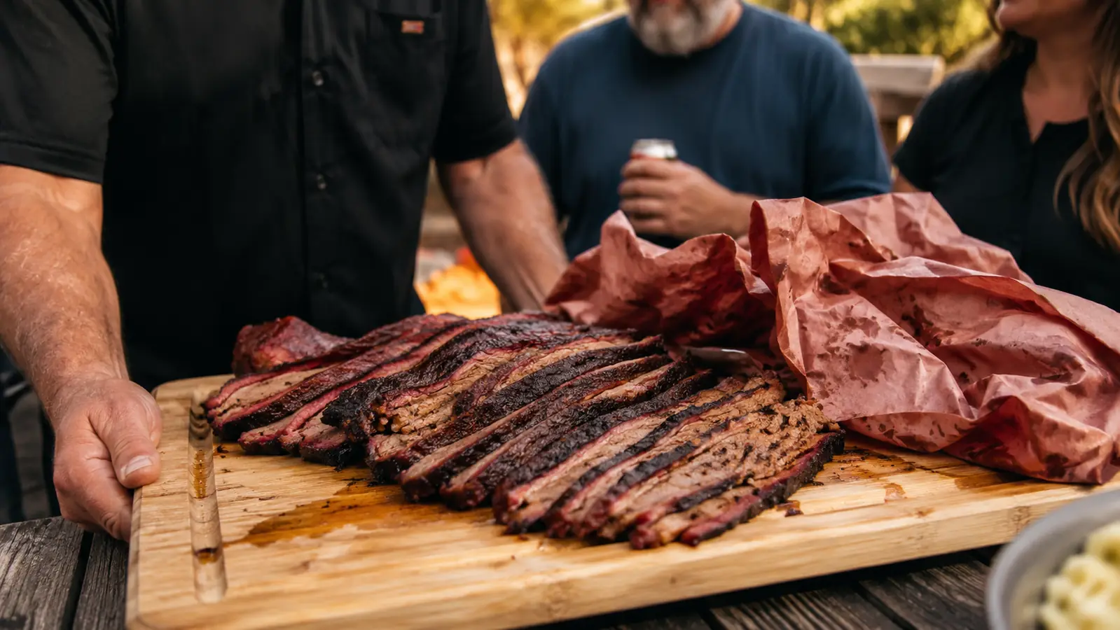 Sliced brisket with a thick dark bark and visible smoke ring, fanned out on a cutting board next to butcher paper scraps