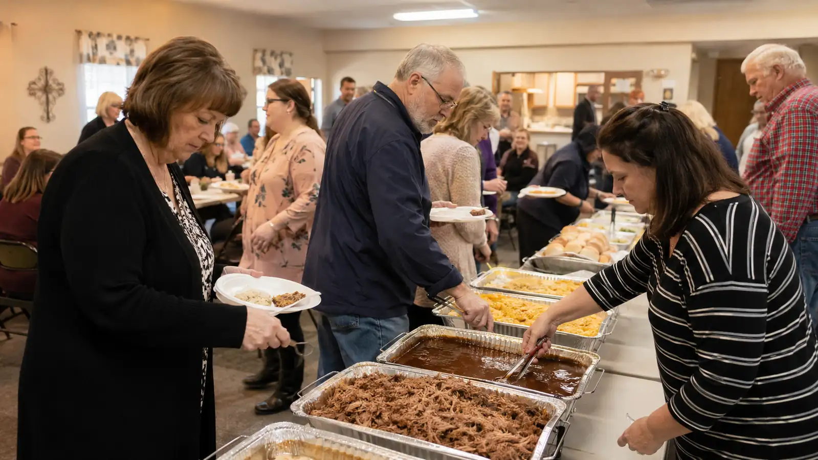 Foil pans of pulled pork lined up on a folding table at a church potluck