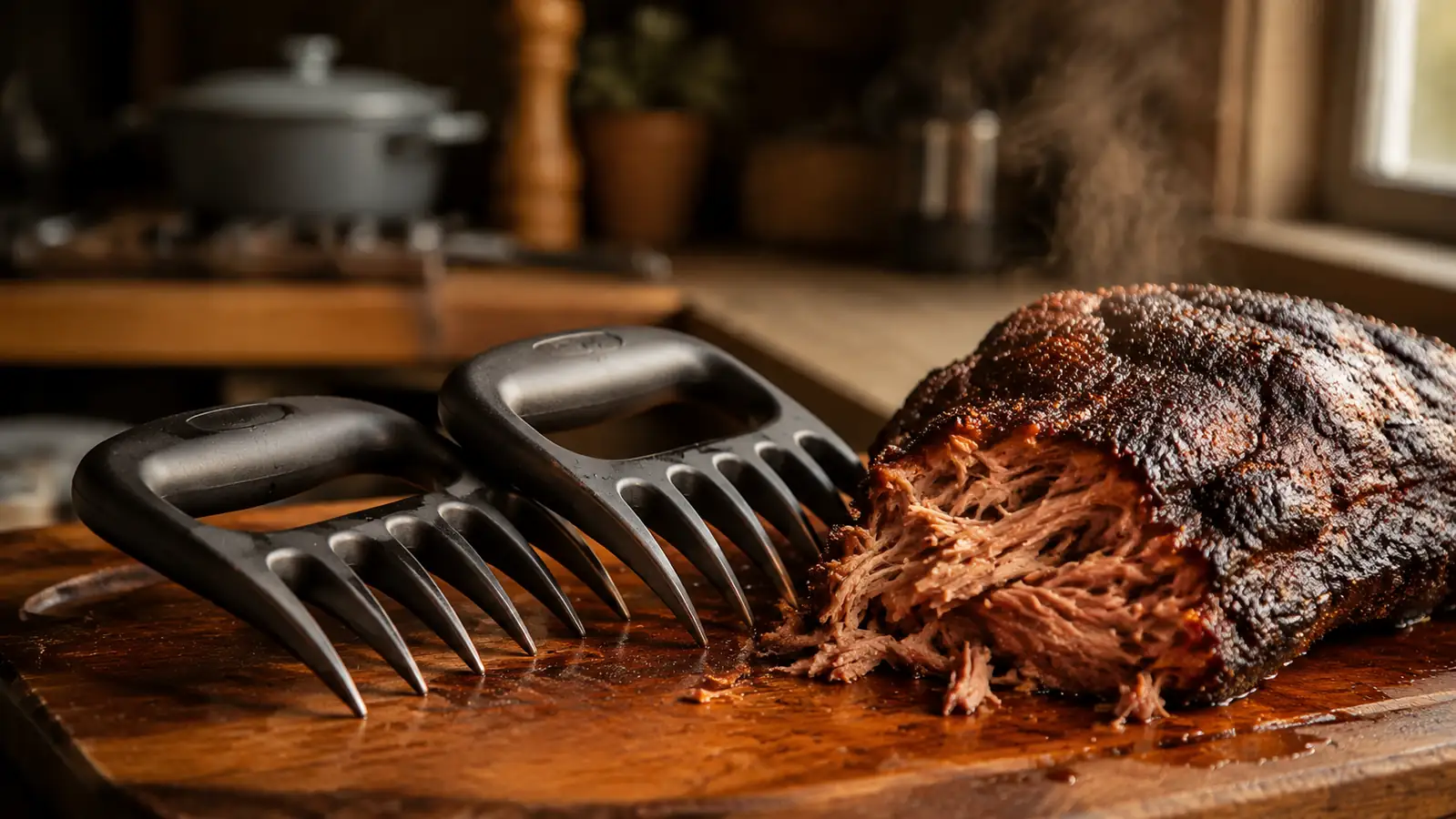 Close-up of orange Bear Paw meat claws resting on a cutting board next to a shredded pork butt