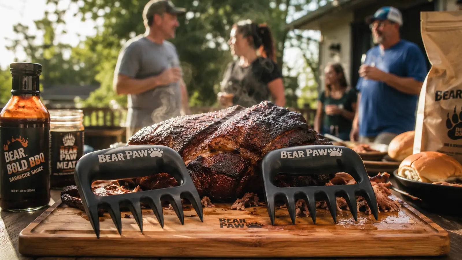 Pair of Bear Paw meat shredder claws resting on a cutting board next to a freshly smoked pork butt